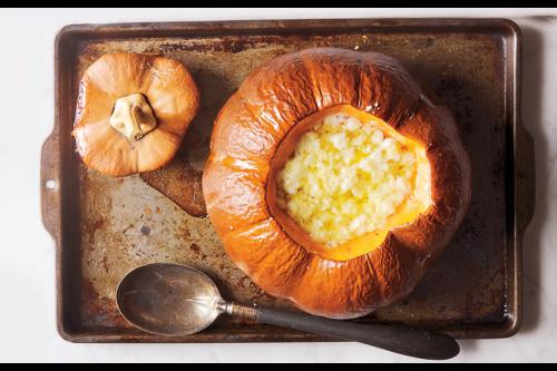 Photo of pumpkin soup with gruyere from Bon Appetit.